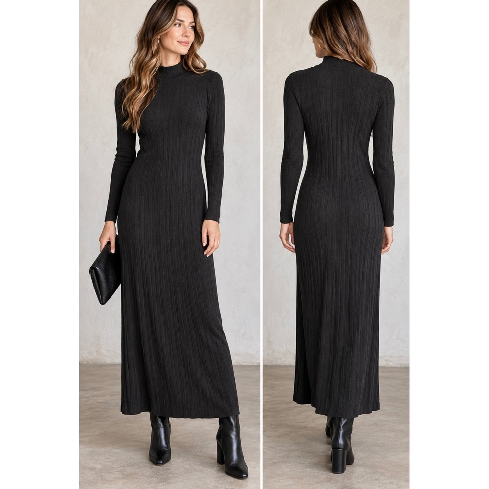 Zara Ribbed Micro Cable Knit Bodycon Mock Neck Maxi Dress Sz S Minimalist Chic